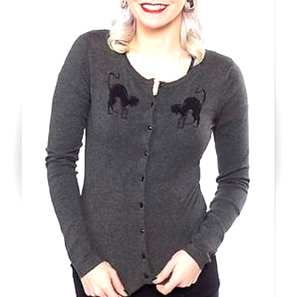 Sourpuss RARE Scaredy Cat Embroidered Gray Cardigan Sweater L